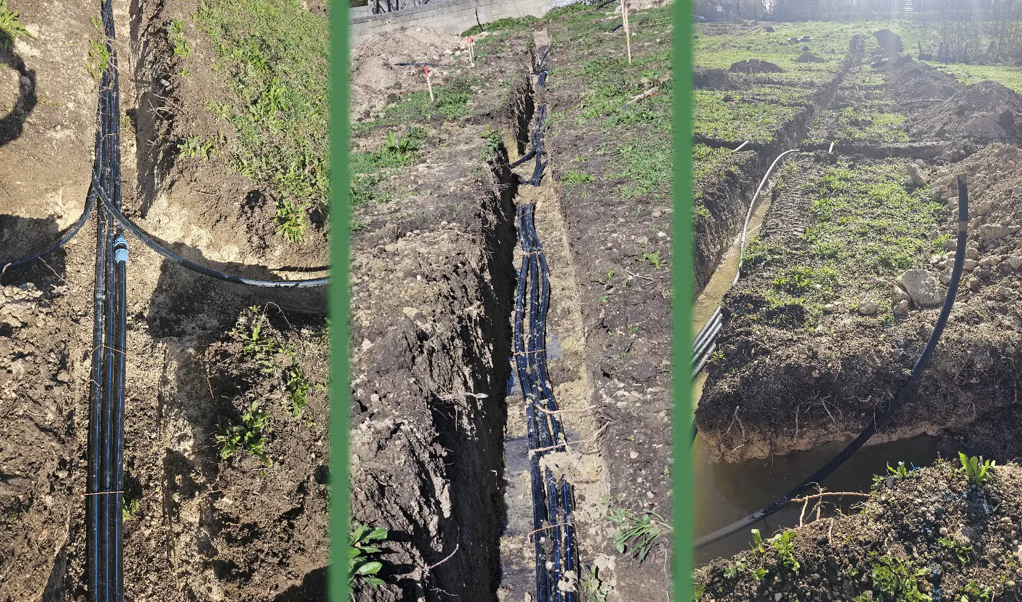 Les canalisations disposées en peigne au fond des tranchées 