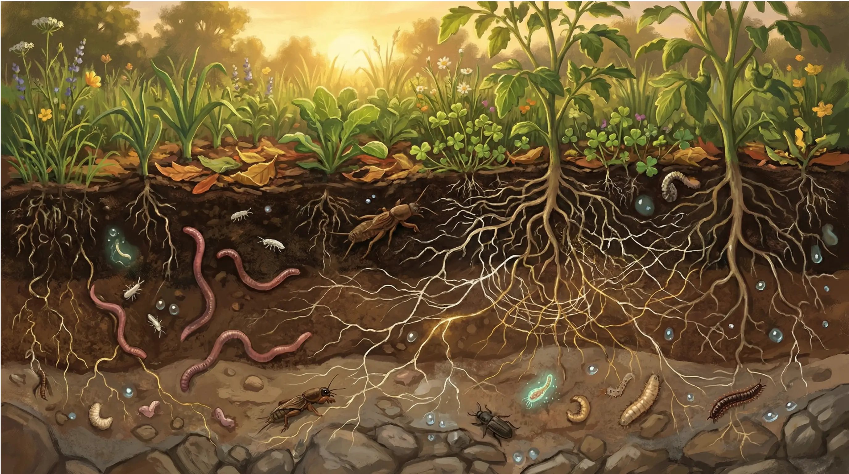 Coupe Sol illustrant les acteurs biologiques de la Vie du sol